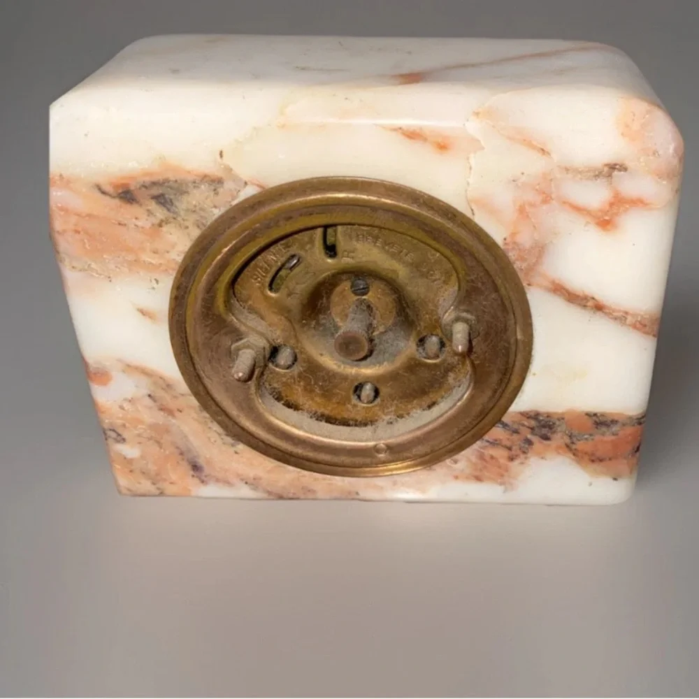 Antique table clock mounted in marble Not Working No Glass 3.5”x4&1/8”.